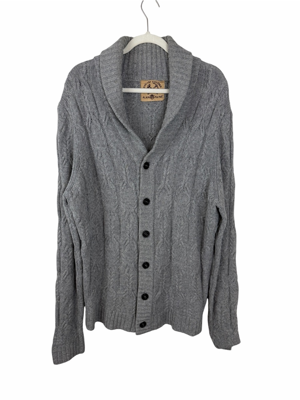 Alan Paine Vtg Grey Wool Cable Knit Cardigan Sweater